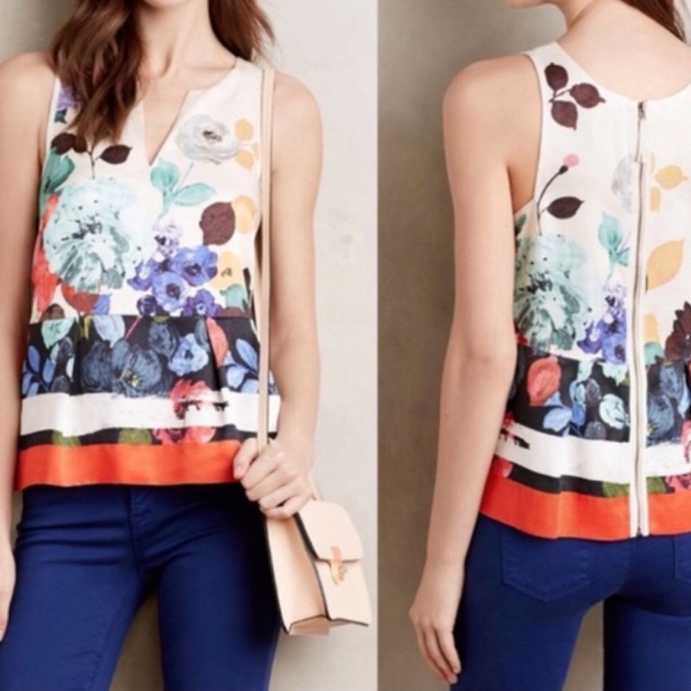 Anthropologie HD In Paris Elise Floral Sleeveless Lined Peplum Blouse Top Size 8